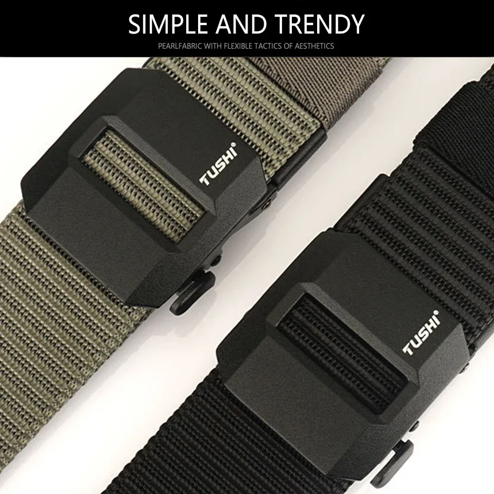 TUSHI Brand Classic High-End Elongated Thickened Men's Tactical Nylon Waist Belt Toothless Smooth Automatic Buckle Canvas Nylon
