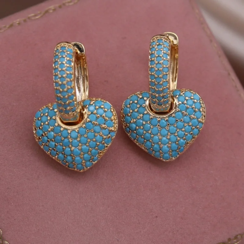 Korean new design fashion jewelry 14K gold plated blue zircon love pendant earrings elegant women's daily work accessories