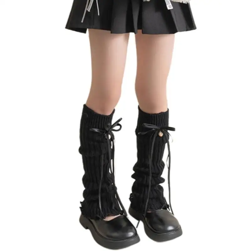 

U13F Girls Knitted Leg Warmer Kids Ribbon Bowknot Under Knee Socks