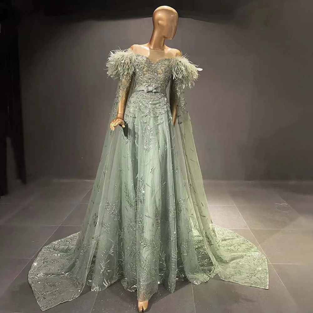 

Scz092 Jancember Mint Green Dubai Evening Dresses With Feather Cape Sleeve Arabic Formal Dress For Women Wedding Party