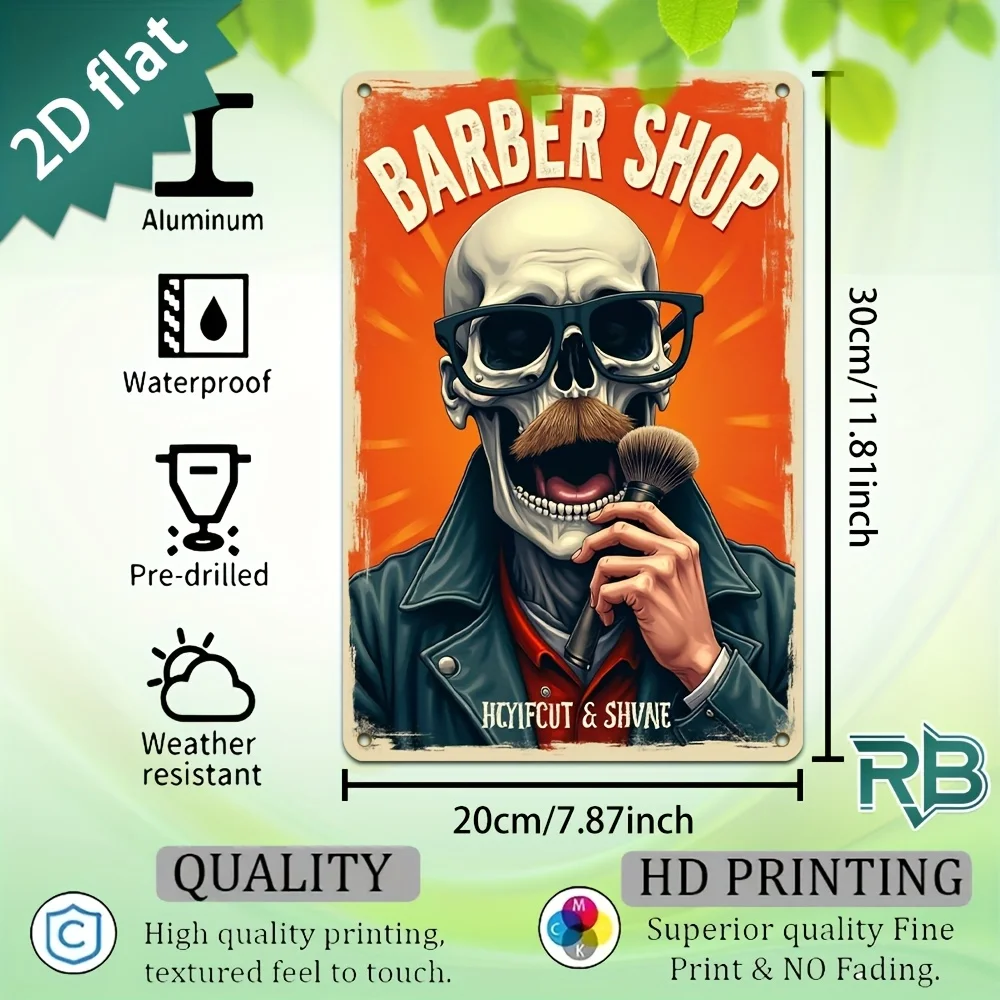 New Trendy HD Metal Wall Art - Vintage Retro 2D Flat Design Grunge Style Barber Shop Poster Featuring Edgy Skull Wearing Sunglas