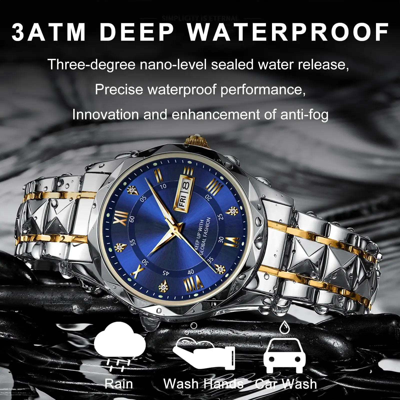 Watch for Men Diamond Business Dress Analog Quartz Stainless Steel Waterproof Luminous Luxury Casual Wrist Watch