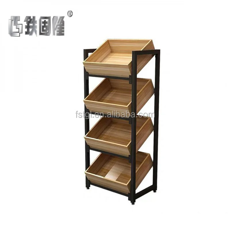 [Customized]Hot selling 4-tier supermarket metal and wooden fruit vegetable stand design