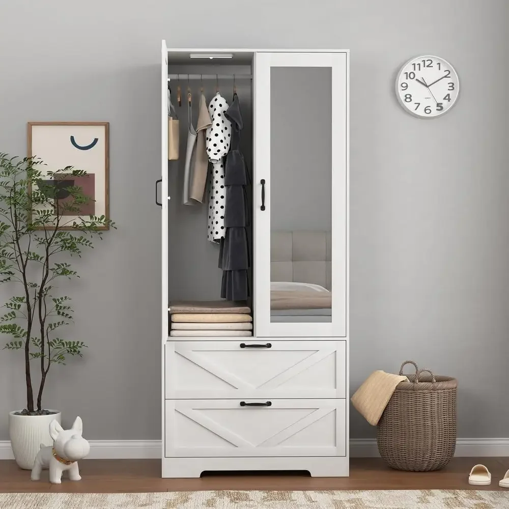 

72 Mirrored Door Wardrobe with Light, 2-Door Wooden Closet Cabinet, Adjustable Shelves for Bedroom