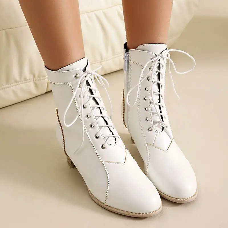 

ORCHALISA 2025 Новый дизайн Женские сапоги до середины икры с круглым носком на блочном каблуке 5 см на молнии на шнуровке Большие размеры 46 47 48 Мода для свиданий Bota