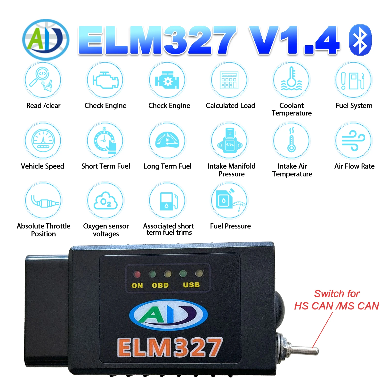 

ELM327 V1.4 Bluetooth HS CAN /MS CAN Switch For Ford FORScan FTDI FT232RL PIC18F25K80 OBD2 Scanner ELM327 Auto Diagnostic Tool