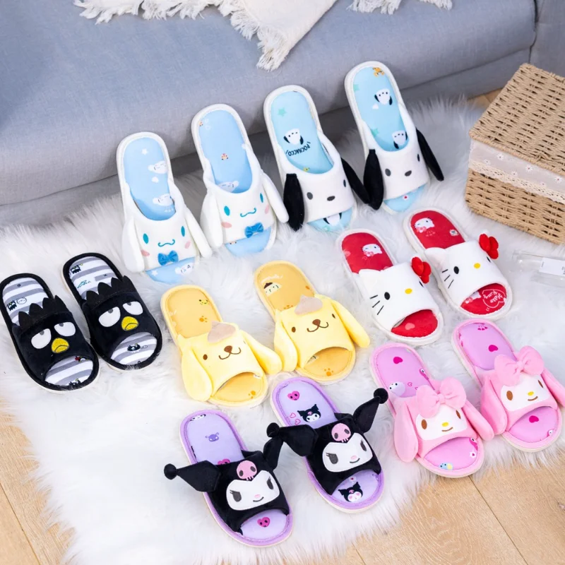 Sanrio Hello Kitty cute sweet warm home women's shoes Kulomi cartoon versatile non-slip flat-toed cotton slippers