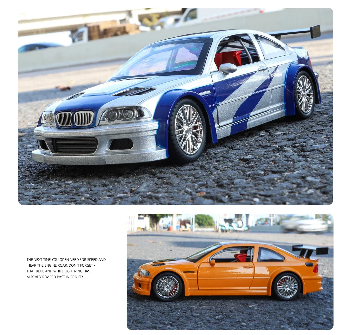 1:24 M3 GTR E46 Racing Alloy Metal Diecast Model Car Sound and Light Pull Back Collectibles Hobby Birthday