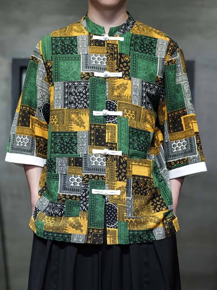 

Men's Summer Thin Cotton Linen Short Sleeve Shirt Retro Print Hanfu New Chinese Style Loose Fit Breathable Fashionable Shirt