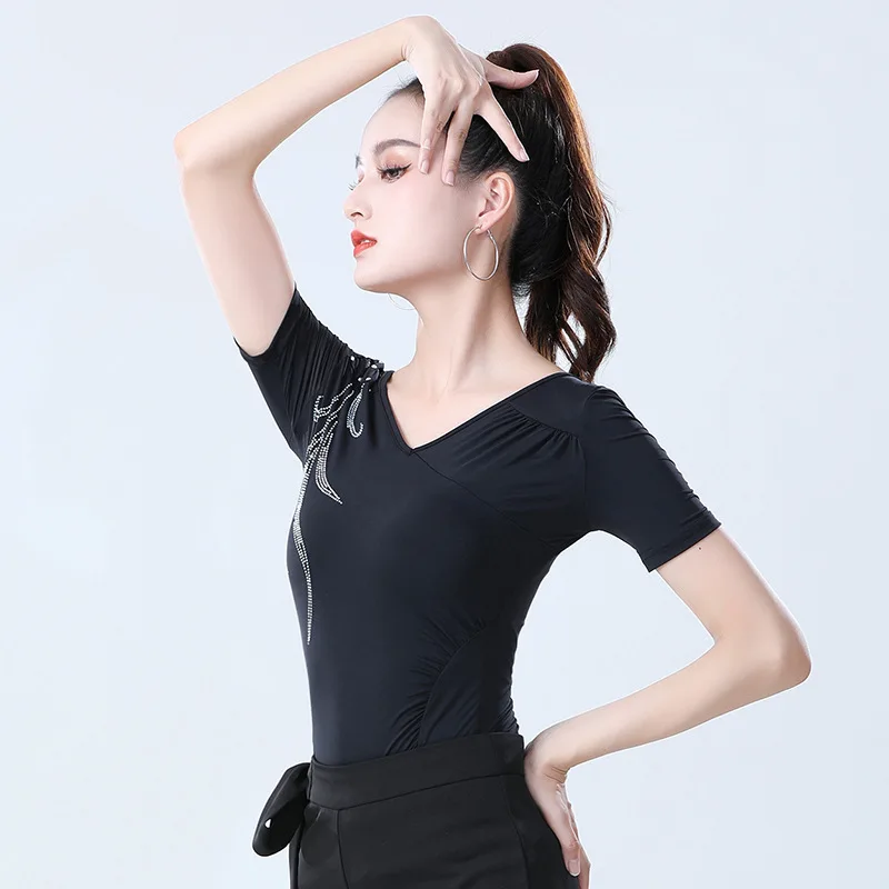 2024 New Adult Women Latin Dance Top Ballroom Balck Sexy V-neck Drill Short Sleeve Summer Ice Silk Cool Fabric Dancing Blouse