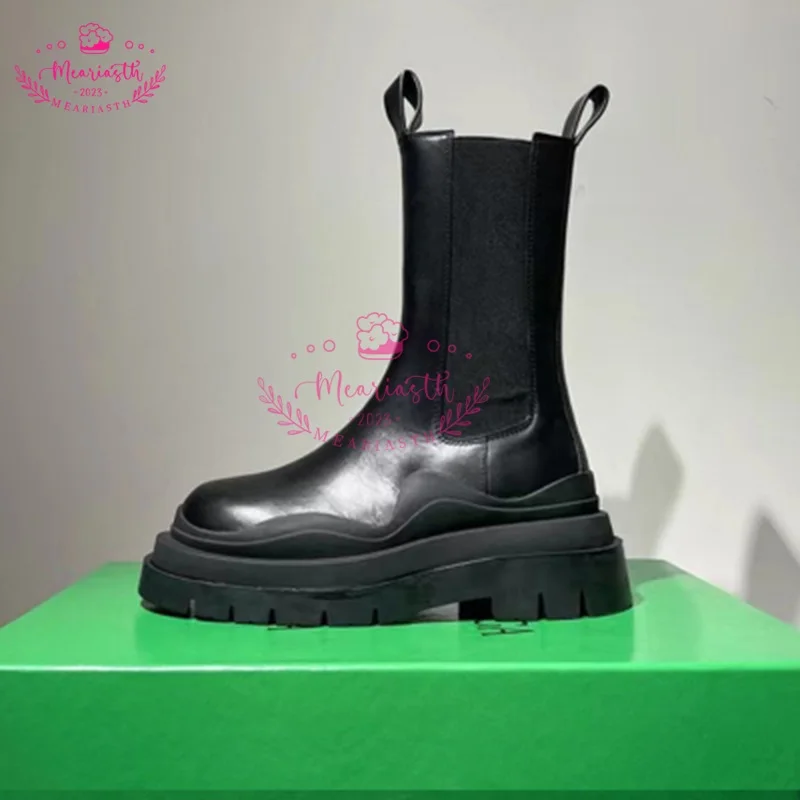 Meariasth 2023 Ankle Snow Boots Genuine Leather Handmade Chelsea Boots Woman Comfortable Platform Round Toe Slip On Shoes Lady