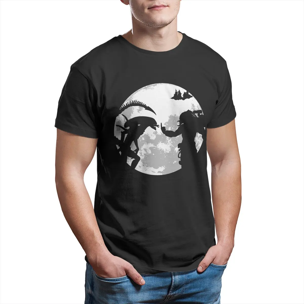 Alien Predator moon MONSTER plus size T-Shirt for Men 100% Cotton Leisure Alien vs predator hunter horor  mens graphic tshirts