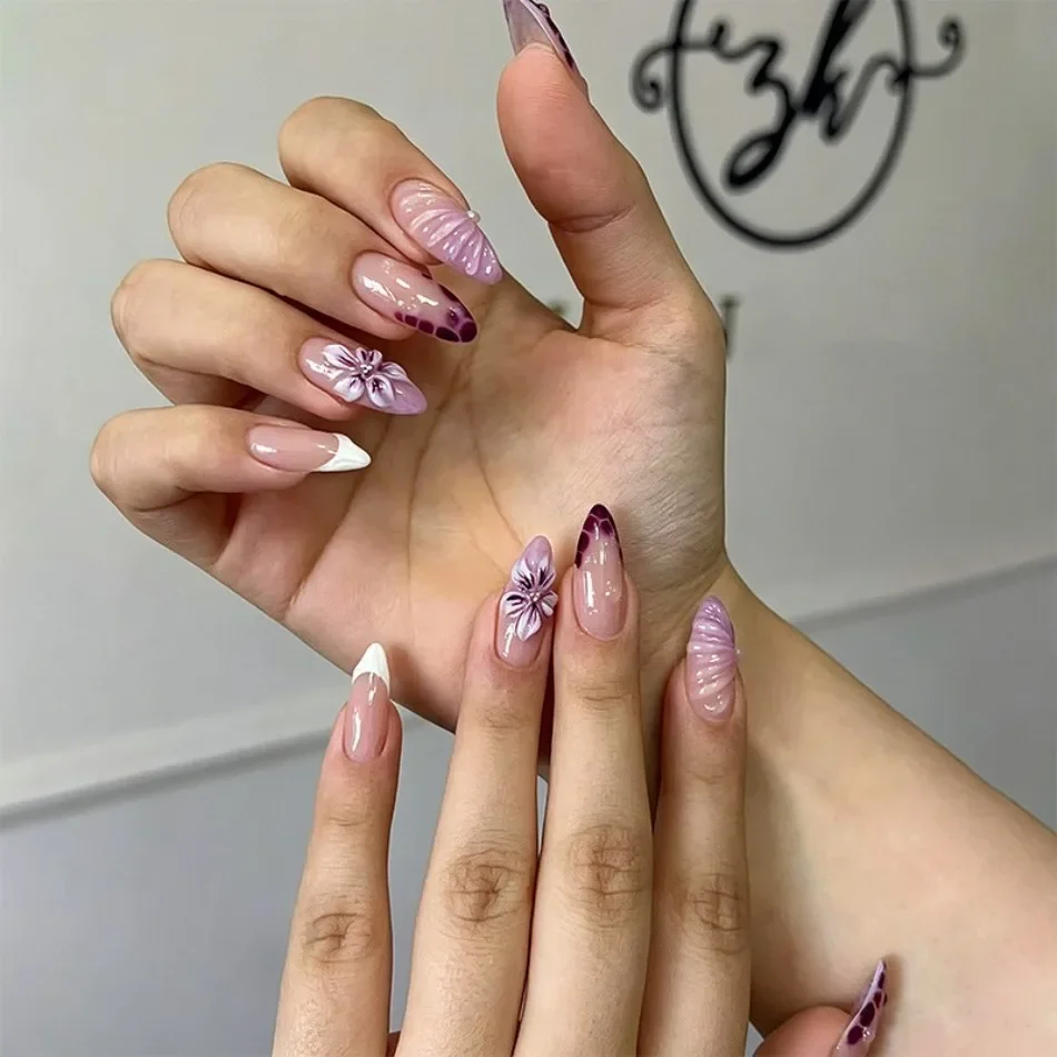 Purple Grape 3D Flower Shell White French Tip Handmade Press On Nails Reusable False Nail Art For Daily Party Holiday Wear JT39