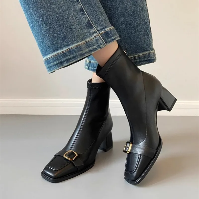 Women's Chunky Single Boots Autumn New Square Head Color Metal Belt Buckle Soft Sole Anti-slip Wear-resistant Short Boots