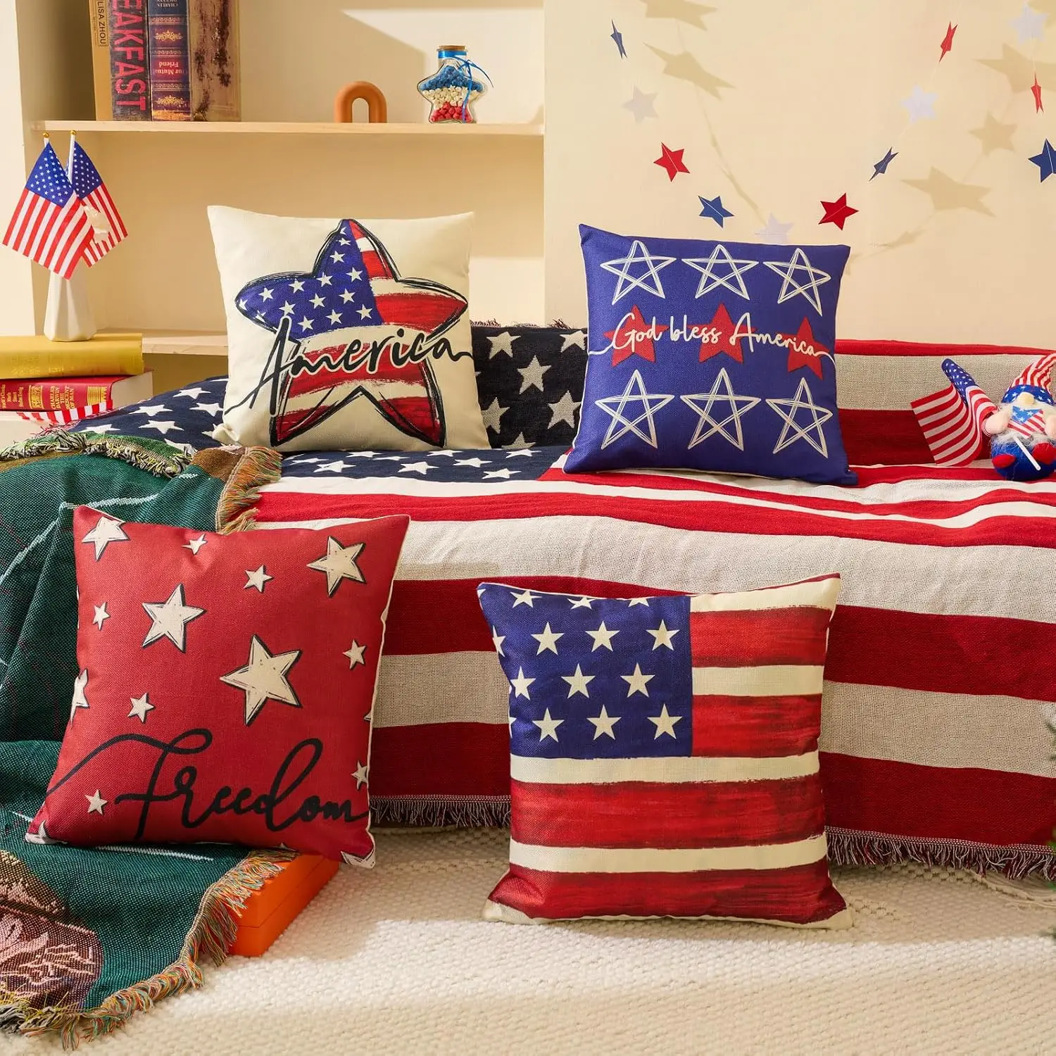 4PCS American Patriotic Throw Pillow Shams Set USA Flag Stars and Stripes God Bless America Home Decor Cushions Pillows