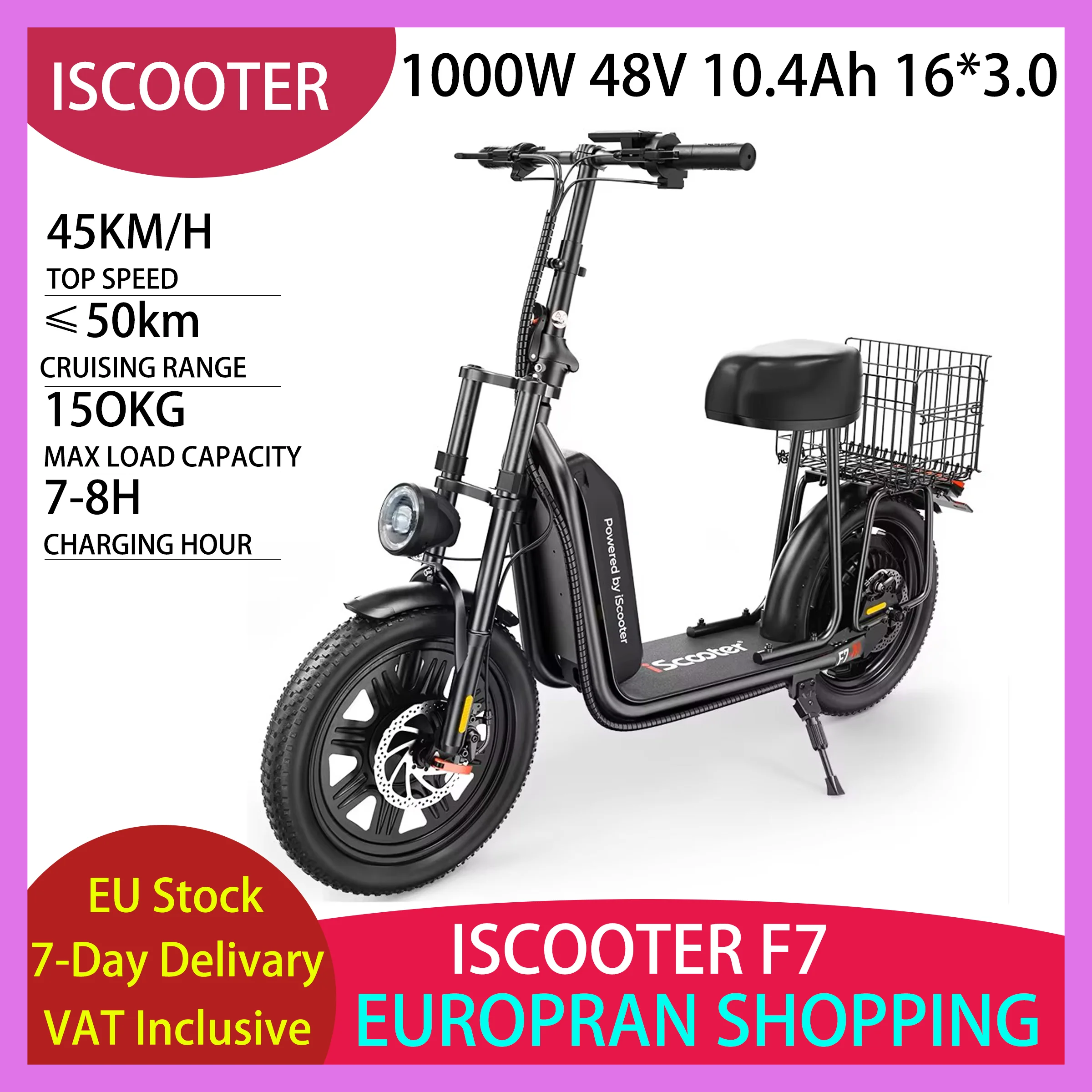Scooter elettrico iScooter F7 1000W 48V 10.4Ah 16*3.0 pollici Fat Tire E-scooter con freni a disco con sedile a cestello 45 km/h