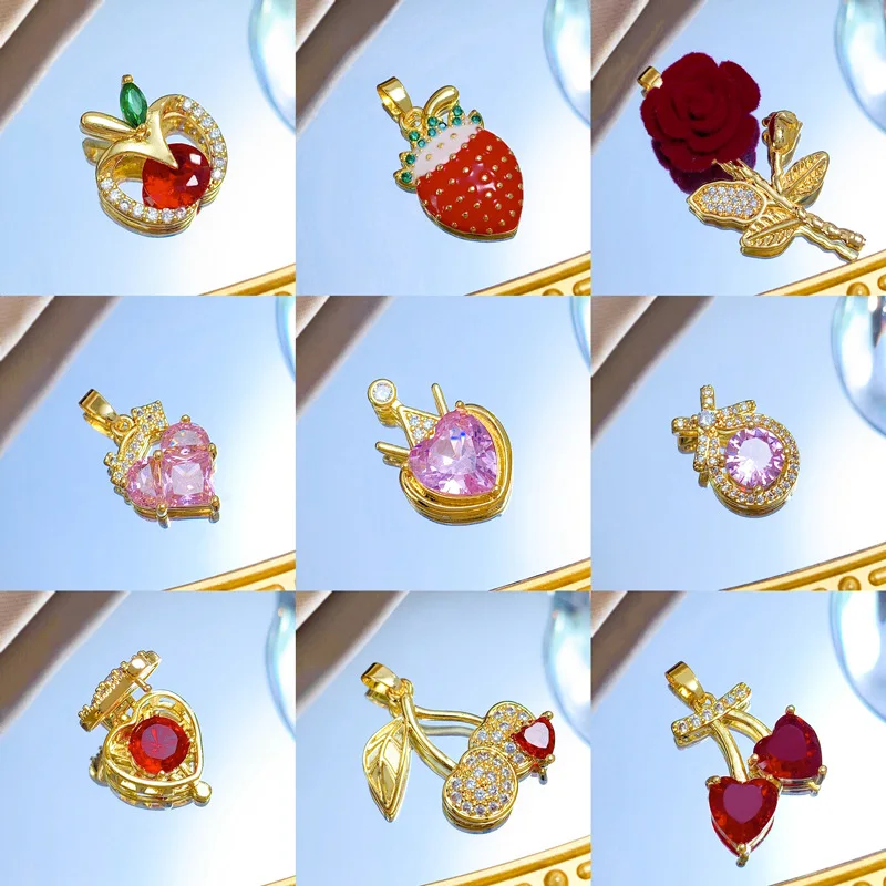 10pcs Gold Plated Copper Charms Crystal Strawberry Apple Cherry Flower Pendant for Jewelry Making DIY Necklace Accessories