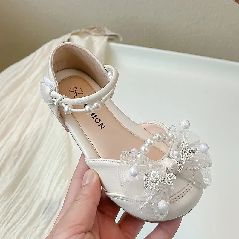 

Girls Dance Shoes Mesh Lace Bows Sweet Butterfly 2025 Summer Kids Half Sandals Wedding Ins Trendy Girls Princess Shoes Pearls