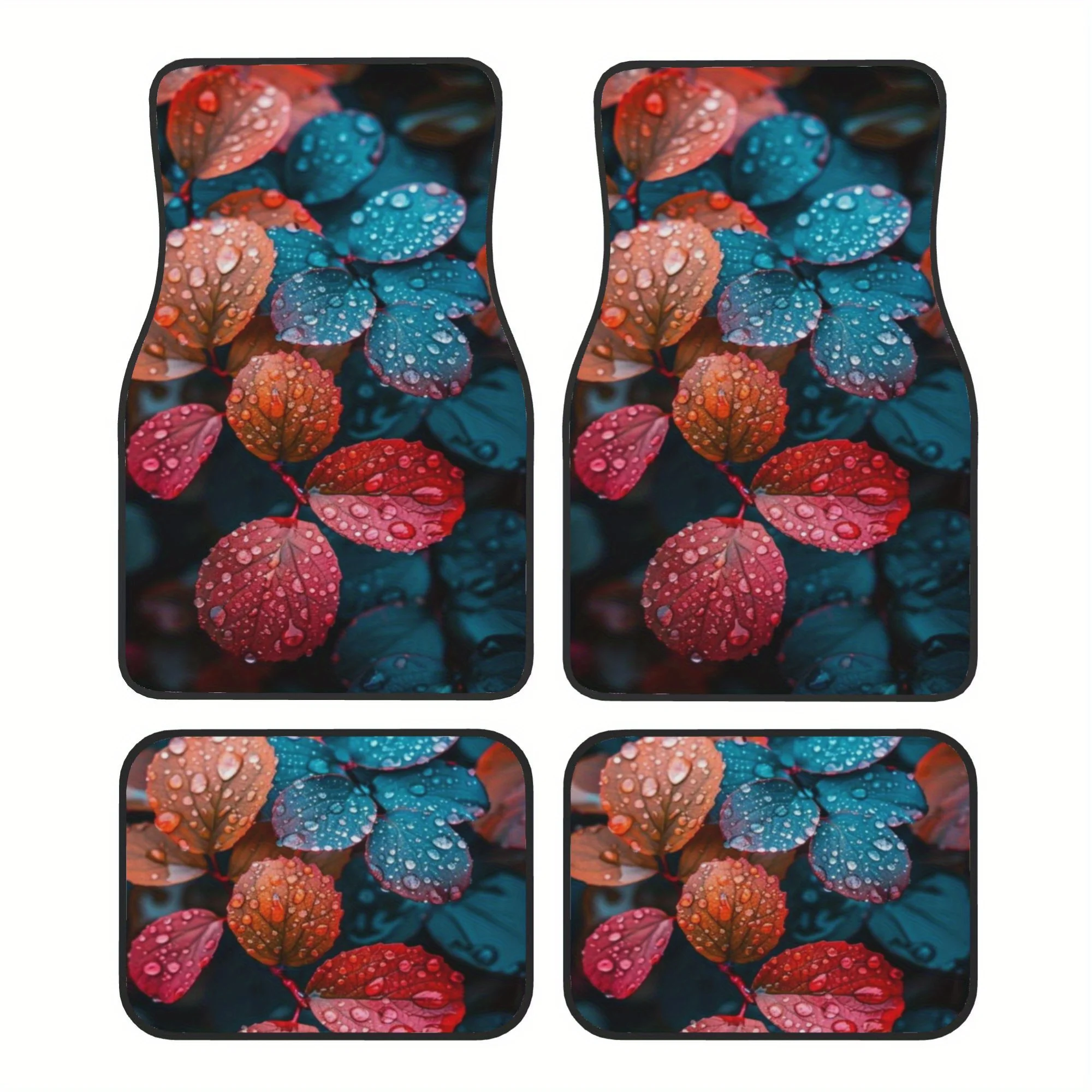 4pcs Colorful Leaves With Water Droplets On Them Sitting On The Ground Pattern Universal Car Floor Mats - Polyester Material, No