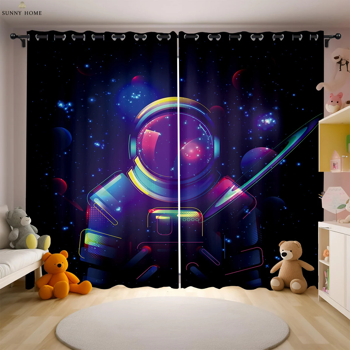 

Dreamy Astronaut Cartoon Universe Printed Curtains Children's Room Window Curtains Easy To Wash And Care Home Decoration 2 PCS