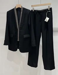 Women'S Clothing 2024 Early Spring New Heavy Beaded Chain Fine Wool Black Suit Jacket Trousers Two-Piece Female