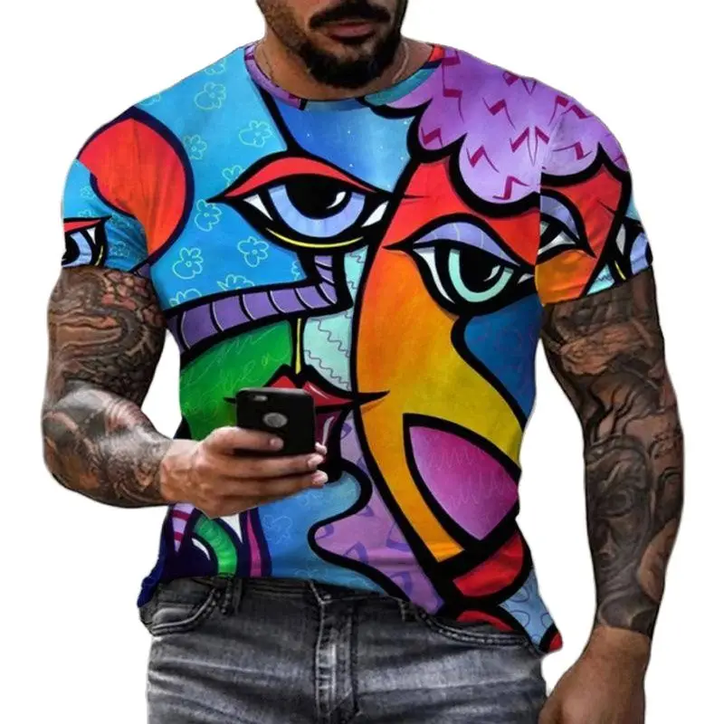 Abstract Pattern Picasso Graffiti Harajuku Print Four Seasons Men Women Street Hip-Hop Avant-Garde Crewneck Short Sleeve T-Shirt