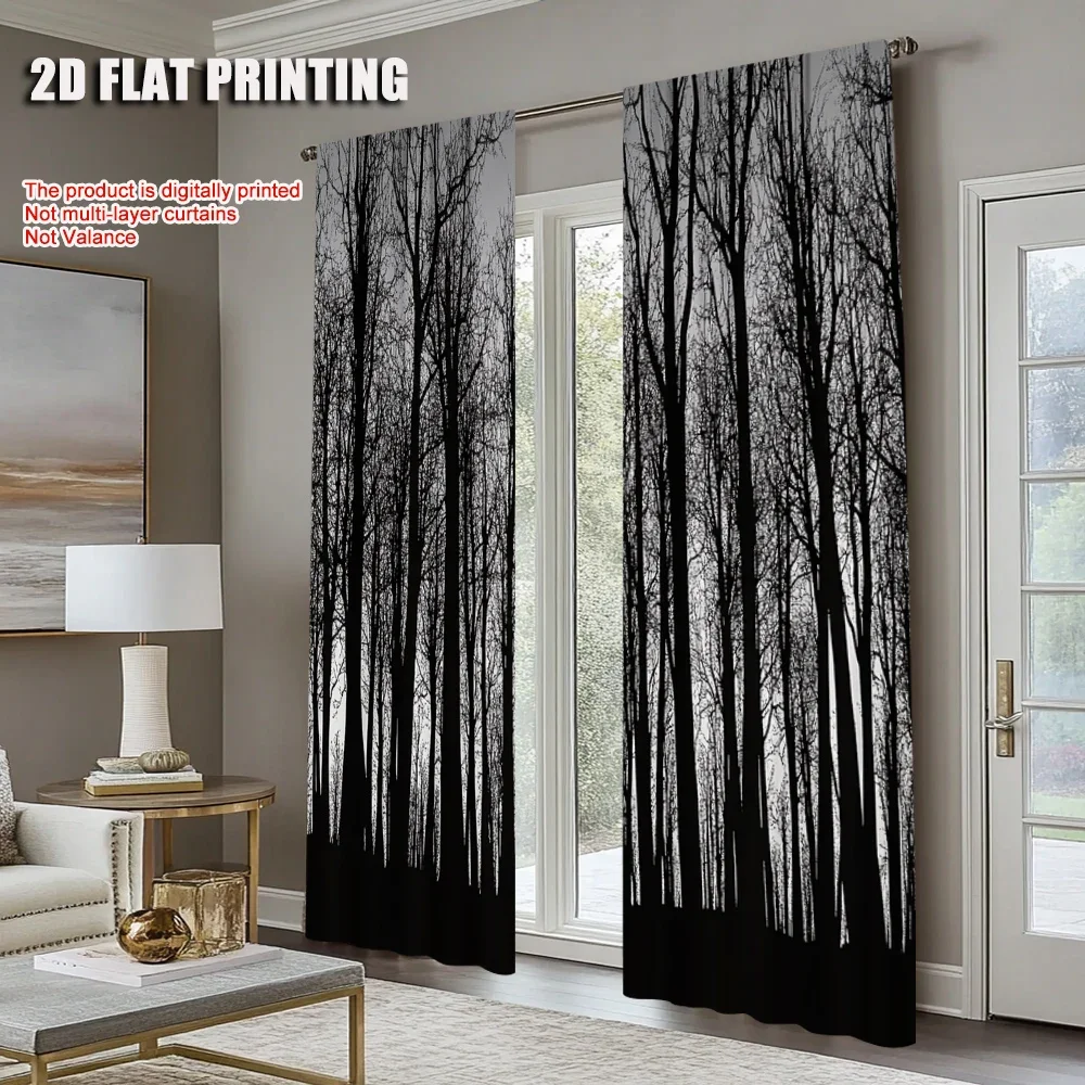 2Pcs Mysterious Black Forest Pine Tree Window Curtains Dark Gothic Rod Pocket Window Drapes For Bedroom Living Room Dining Room