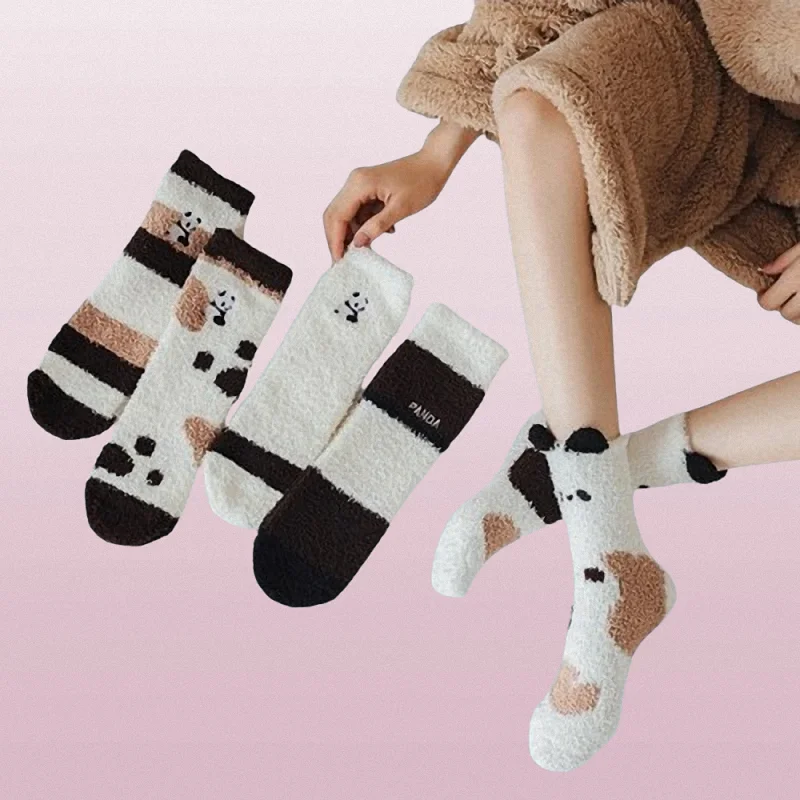 3/6 Pairs 2024 New Cartoon Panda Coral Fleece Women's Mid Tube Socks Thick Warm Half Fleece Towel Floor Home Sleep Women's Socks