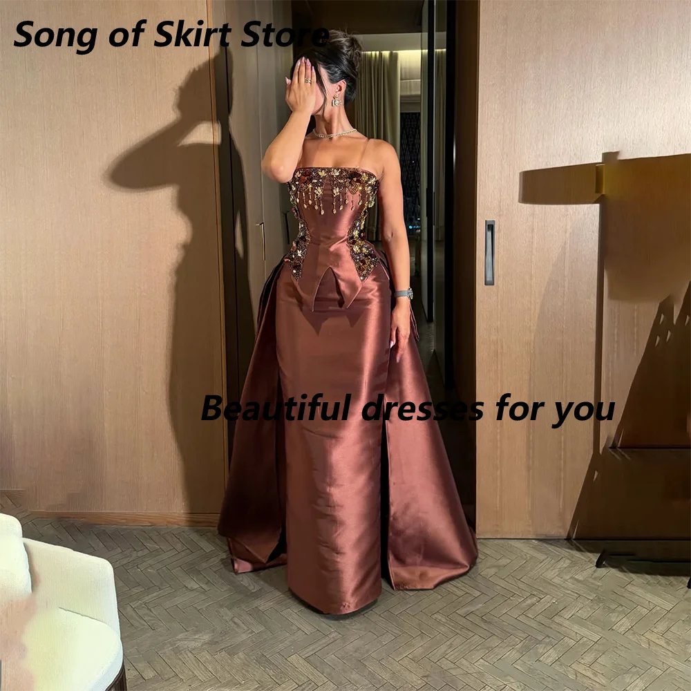 Brown Prom Dress Customized Transparent Spaghetti Strap Beading Crystal Satin Straight Evening Gown Backless Long Party Dress