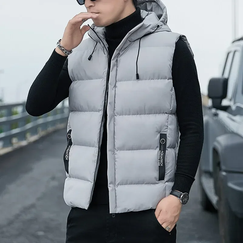 Men\'s Loose Casual Jacket Sleeveless Zipper Down Vest Male Solid Color Autumn Winter Warm Vests Mens Stand-up Collar Oversize