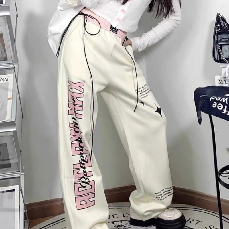 

Women Wide-legged Pants White Baggy Trouser Woman Colthing Monogrammed Prints Vintage Sweet Sports Y2k Streetwear Chic Design