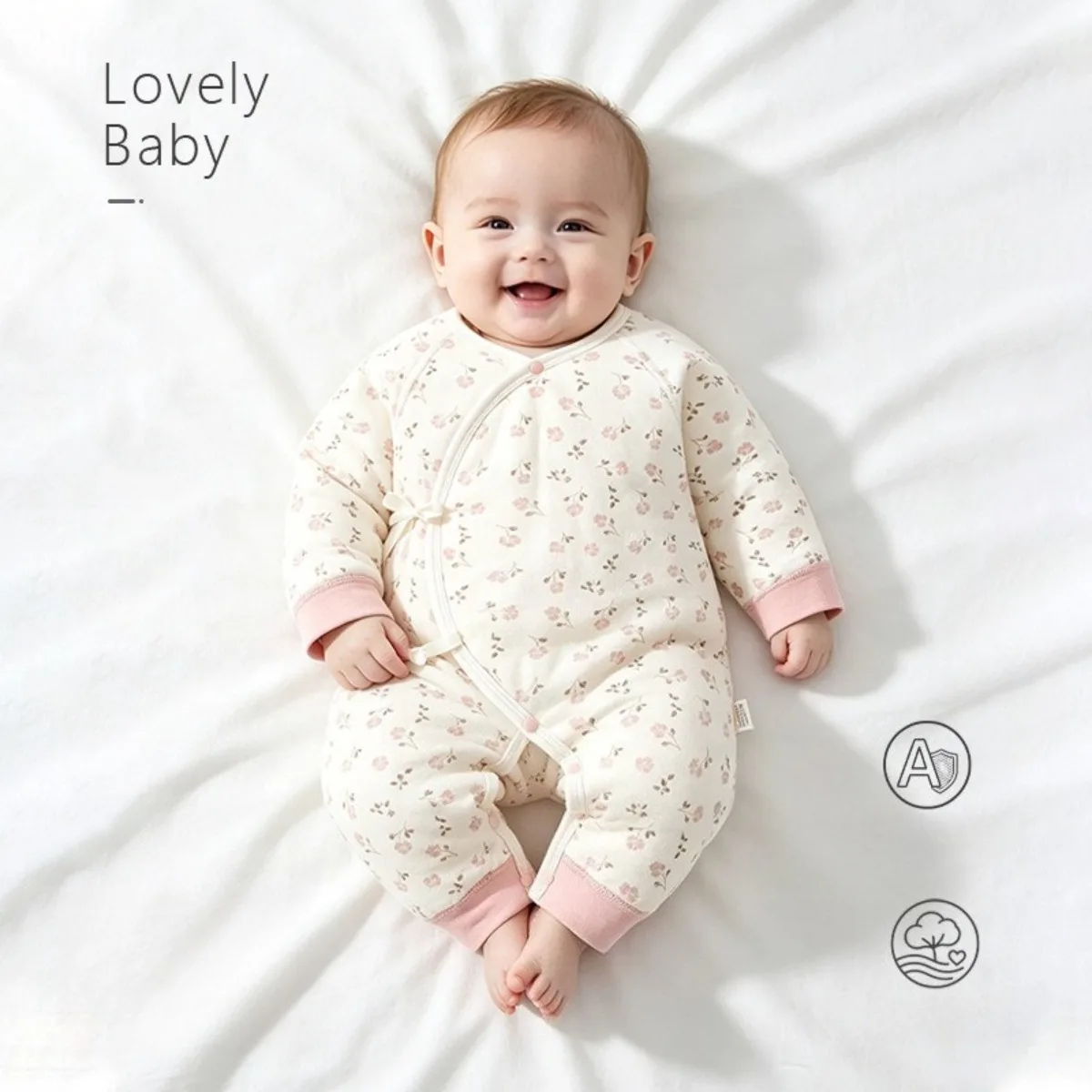 Side Ties Baby Romper Lightly Padded Cotton Onesie Long Sleeve Cute Print Newborn Infant Jumpsuit 0-6M Unisex for Fall Winter