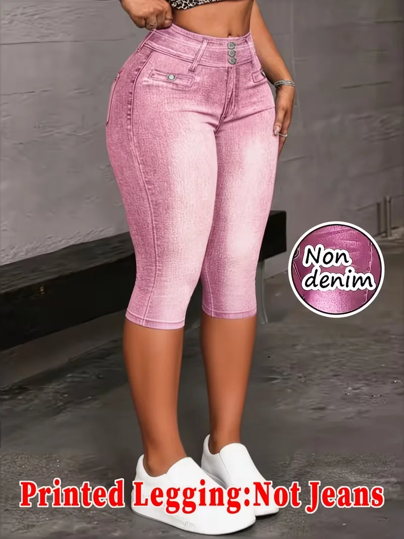 Printed Leggings, Not Denim Fabric, Fake Pocket & Button Print Capri Pants, High‑Stretch New Fashion Skinny Pants