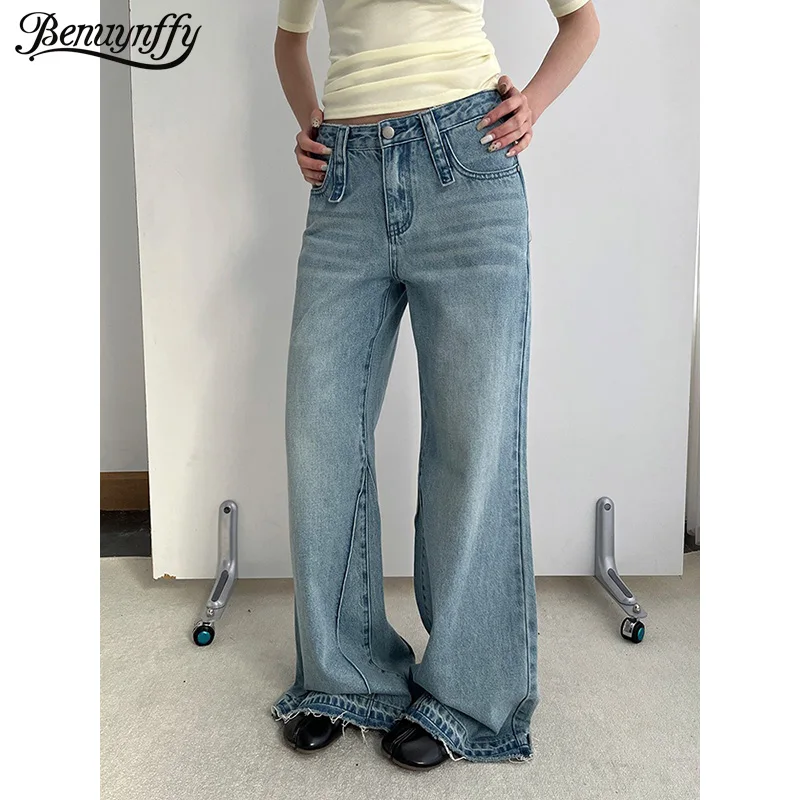 

Джинсы-клеш Benuynffy High Street Vintage с необработанным краем, женские, весна 2026, новая корейская мода, с низкой посадкой, свободные, универсальные, джинсовые брюки