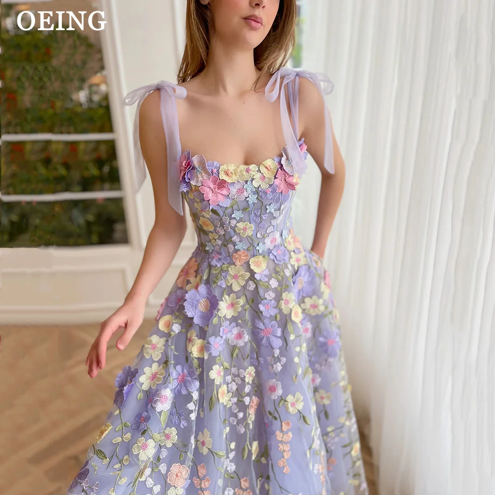 OEING Lavender Prom Dresses Spaghetti Straps Pastrol Flowers Embroidered Evening Dress Formal Vestidos De Para Mujer Customized