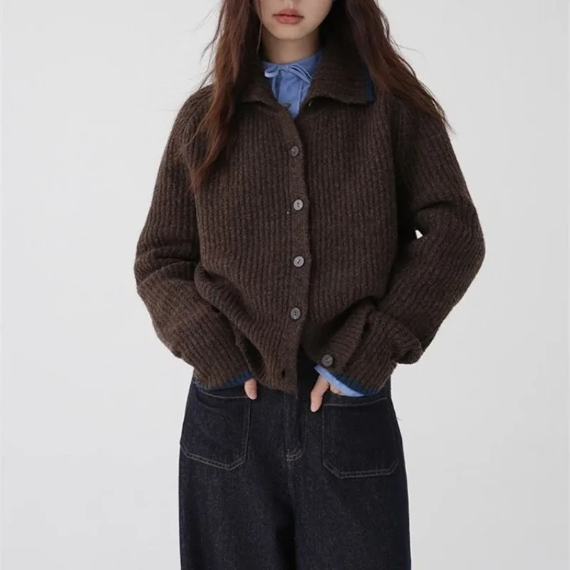 الشتاء موضة جديدة المرأة الكورية الراقية أنيقة سترة مشغولة من الصوف الدافئة فضفاضة سميكة الكشمير طوق سترة بأكمام طويلة #2