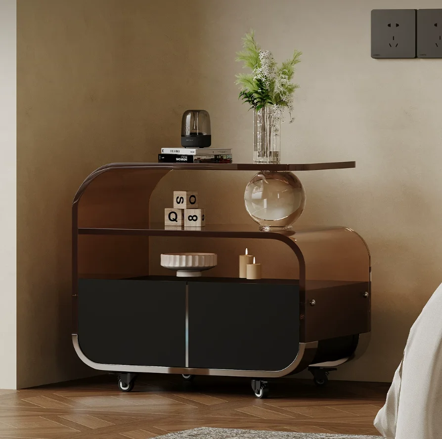 Translucent brown bedside table, acrylic locker, bedroom multi-functional movable home furniture