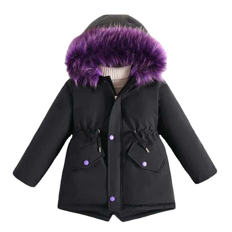 4-12 years Girls\' winter new style with plush and thick cotton coat, children\'s large fur collar, medium to long cotton jacket