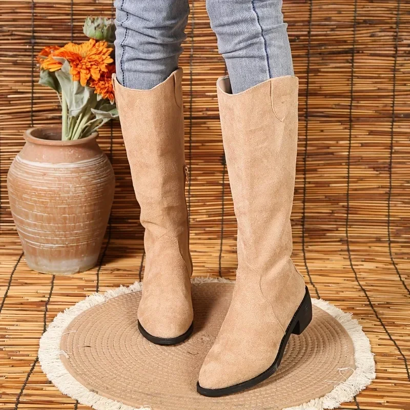 Pointed Toe Women Suede Motorcycle Boots Autumn 2024 Knee High Fashion Mid Heels Chunky Zipper Chelsea Boots Zapatos Mujer Boats