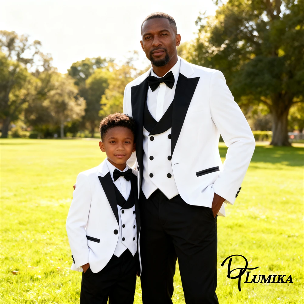 DTLumika White Communion Suit Father and Son Memorial Day Formal 4-Piece Tuxedo Jacket Vest Pants Bowtie Dinner Party Dresswear
