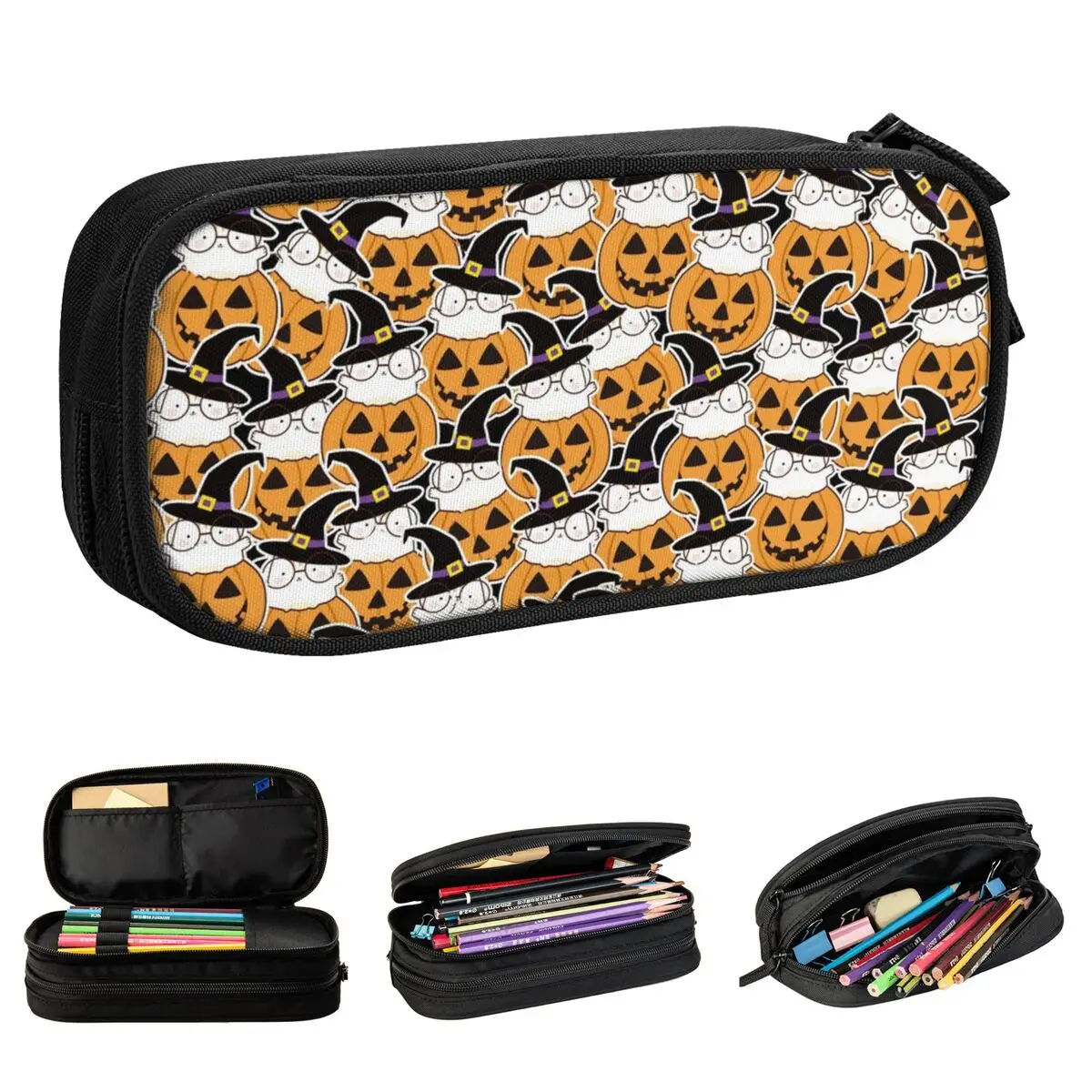 Gatos Halloween Pattern Pencil Cases, Engraçado Abóbora Pen Holder Sacos para Estudantes, Grandes Estudantes, Presentes da Escola