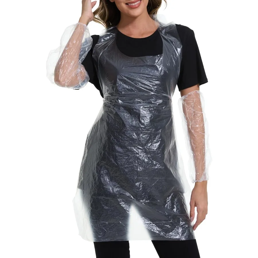 مآزر مقاومة للماء للاستعمال مرة واحدة مع أغطية أكمام للذراع في المواد البلاستيكية 40 عدد مثالي لطلاء الطبخ والجوارة المنزلية