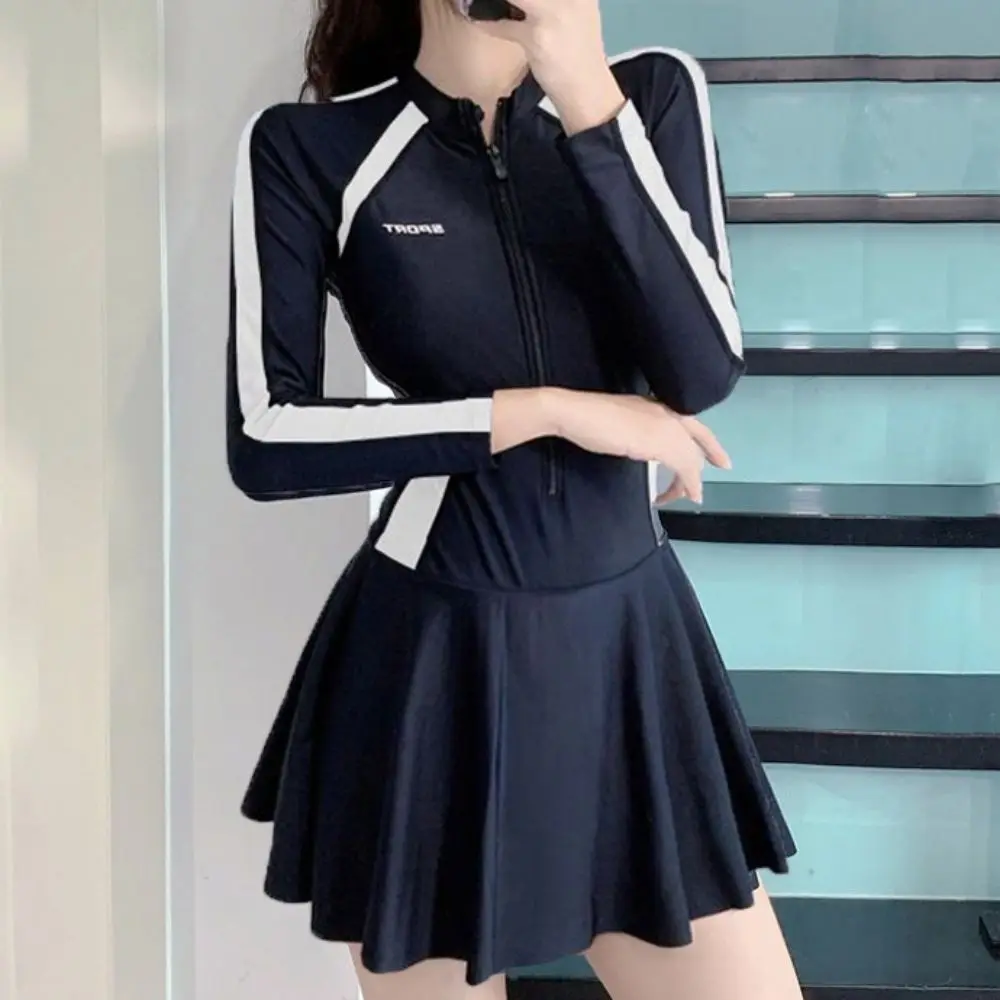 Letter Long Sleeve Zipper Skirt Swimsuit Beachwear Color Blocking Hot Spring Swimwear Ins with Padded Swimming Pool Swimwear