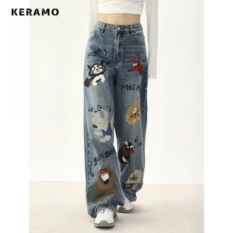 Vintage Casual High Waist High Street Style Straight Jeans Sweet Animals Print Pants Women\'s Wide Leg Baggy Y2K Denim Trouser