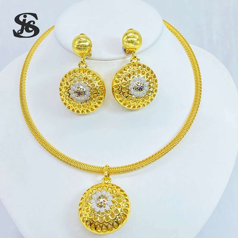 

Dubai Hot Sale Boutique Fashion Gold Plated Hollow Out Jewelry Round Earrings Necklace For Women Anniversary Gift Wedding Party