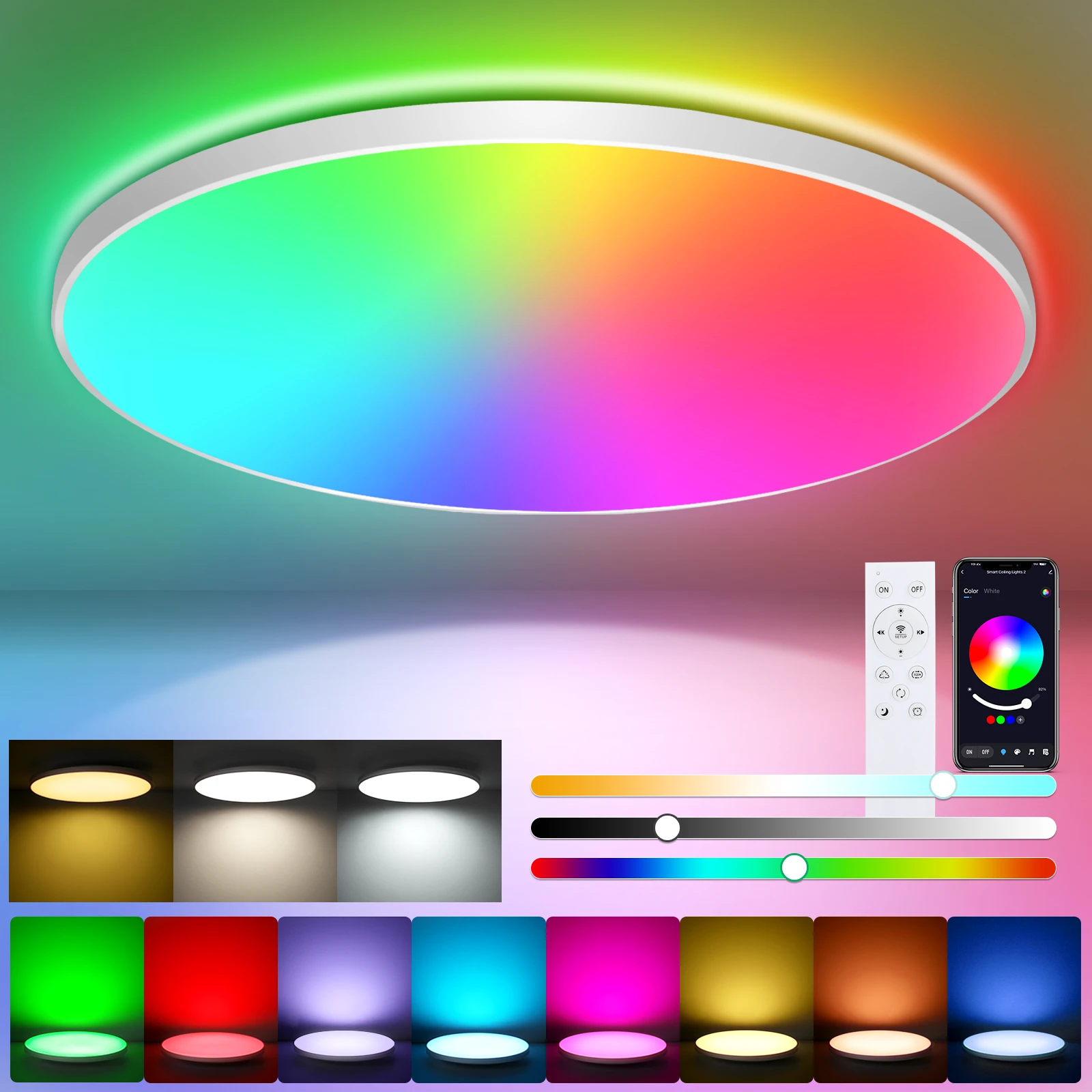 RGB-LED-Deckenleuchte, Fernbedienung und App-Steuerung, 16 Millionen Farben, 2400 lm, verstellbar, 2700 K–6500 K, intelligente Lampe für Schlafzimmer und Wohnzimmer