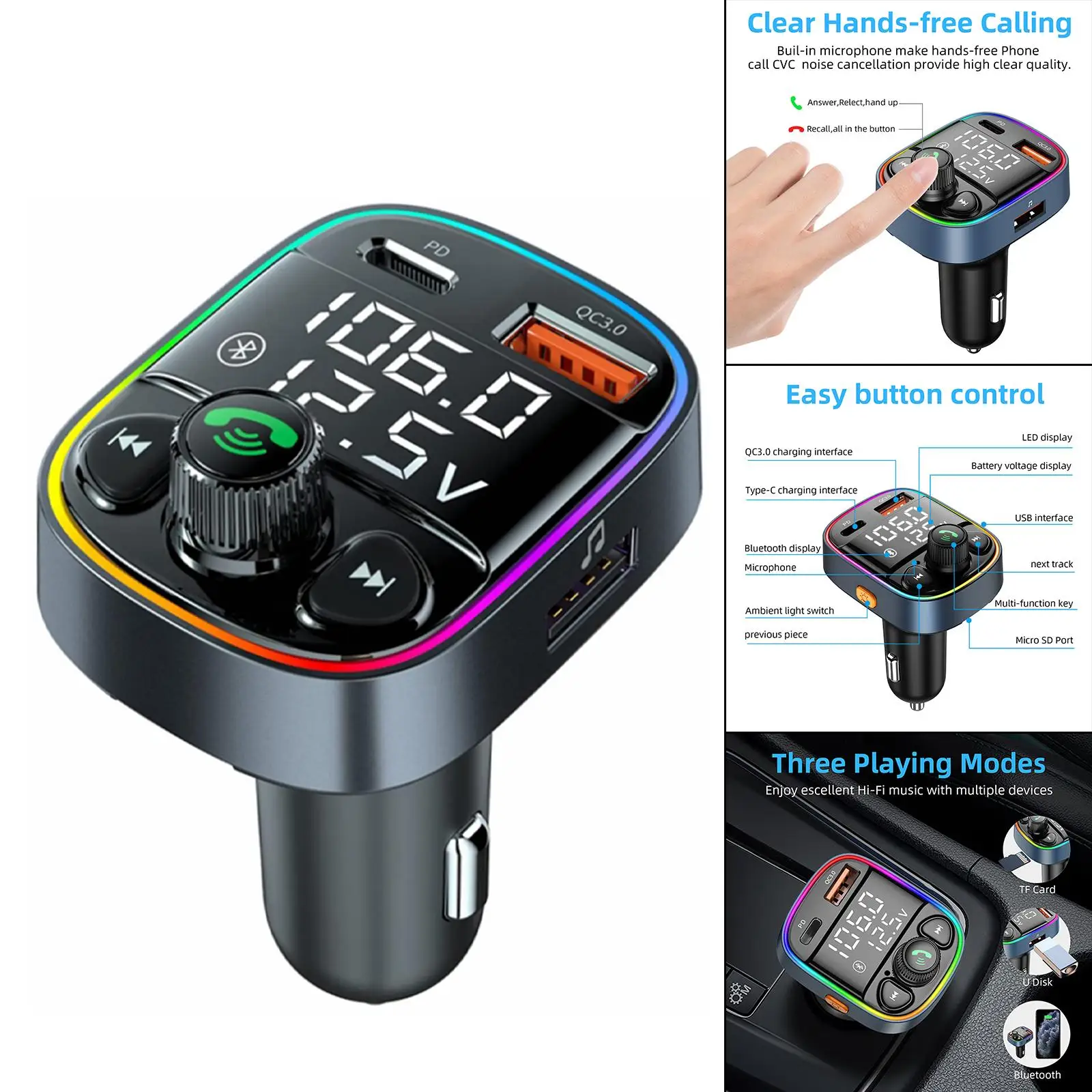 Car Bluetooth FM Transmitter Car Charger Fast for Old Type Auto Women