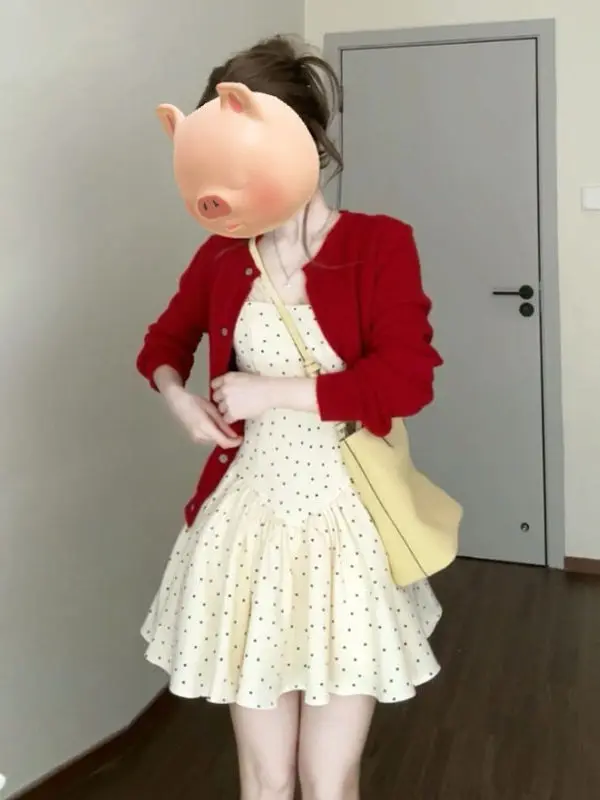 

Красный комплект из платья и кардигана в горошек: нежный стиль, весенняя мода, женский, с коротким рукавом, хлопковый, комфортный крой, комплект из двух предметов