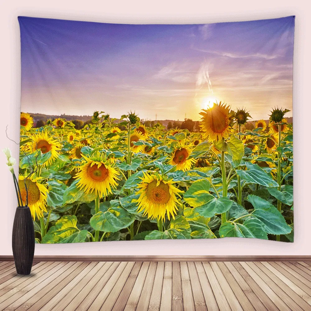 Blooming Flowers Tapestry Wall Hanging Sunflowers Tulip Daisy Butterfly Blue Sky Tapestries Bedroom Living Room Dorm Decor Home