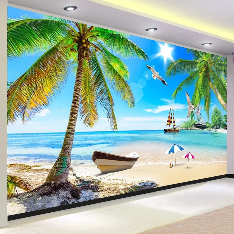 

Custom 3D Photo Wallpaper Mediterranean Sea View Living Room Bedroom Sailboat Coconut Tree Beach Wall Decoration Landscape Mural